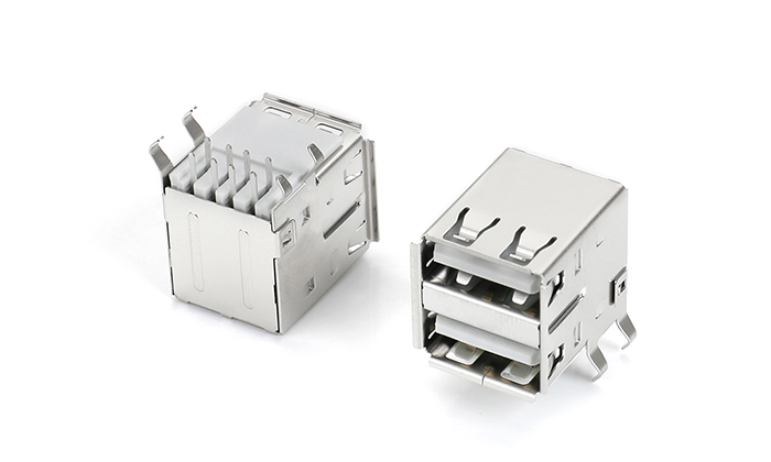 双层USB2.0 一体式 PBT白色弯脚针长2.6不锈钢壳 UAF08L-22AN-28P0